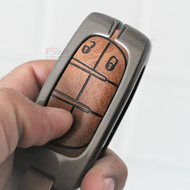 Metal Alloy Leather Key case for Jeep Compass 2 Button Smart Key (TAN)