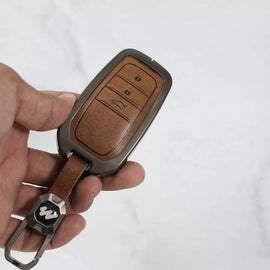 Metal Alloy Leather Key case for Toyota Innova Hycross | Fortuner | Innova Crysta Smart Key (3 Button Smart Key) (TAN)