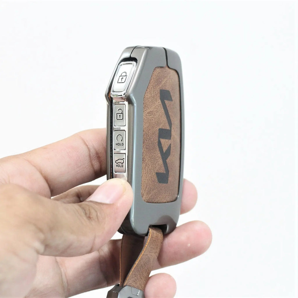 Metal Leather Car Key Cover Fit for New Kia Seltos 2023 Facelift | Carens X Line | Sonet Facelift (4 Button Smart Key)
