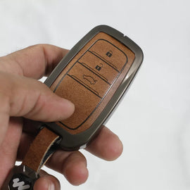 Metal Alloy Leather Key case for Toyota Innova Hycross | Fortuner | Innova Crysta Smart Key (3 Button Smart Key) (TAN)