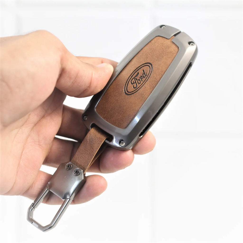 Metal Leather Car Key Cover for Ford Ecosport | Endeavour | Freestyle | Aspire | Figo (2 button)