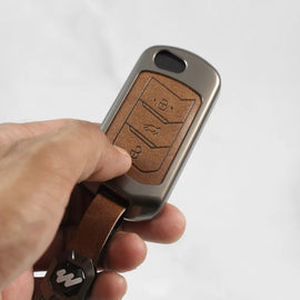 Metal Alloy Leather Key case for Mahindra New Scorpio-N | XUV 700 | New THAR | Xuv-300 | Marazzo | Scorpio | Bolero ( 3 Button Flip/Smart Key)(TAN)