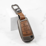 Metal Alloy Leather Key Case for AUDI 3 Button Flip Key (TAN)