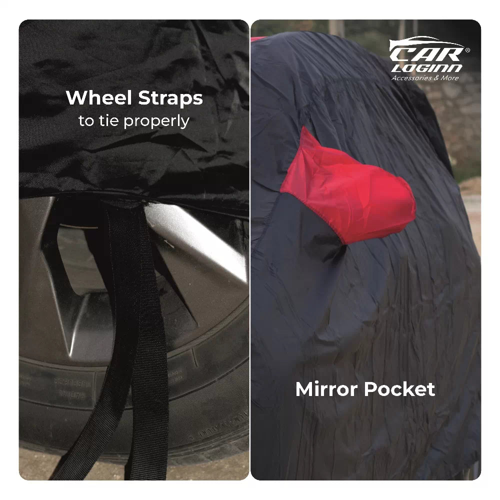 Brezza Maruti Suzuki Car Body Cover | All Weather Resistant | Triple Stitched with Soft Cotton Lining | Side Mirror Pocket (Black and Red)