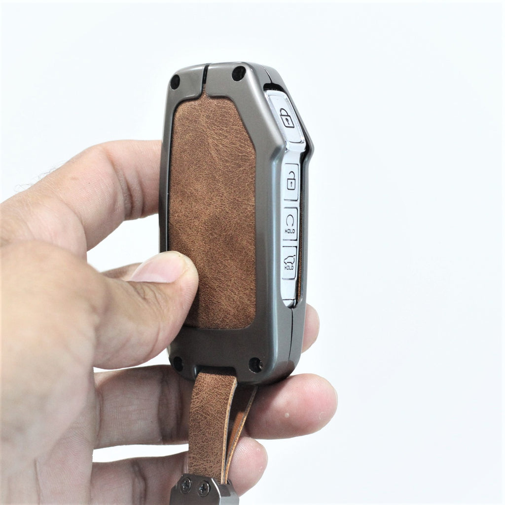 Metal Leather Car Key Cover Fit for New Kia Seltos 2023 Facelift | Carens X Line | Sonet Facelift - 4 Button Smart Key  (TAN)