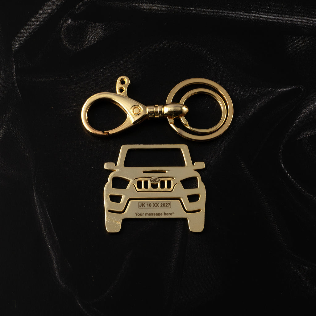 Mahindra Scorpio S11 Stainless Steel Customized Car Keychain with Custom Number Plate and Message