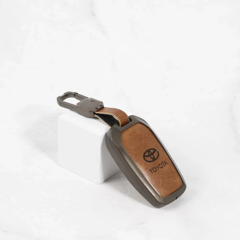 Metal Alloy Leather Key case for Toyota 3 Button Smart Key (TAN)