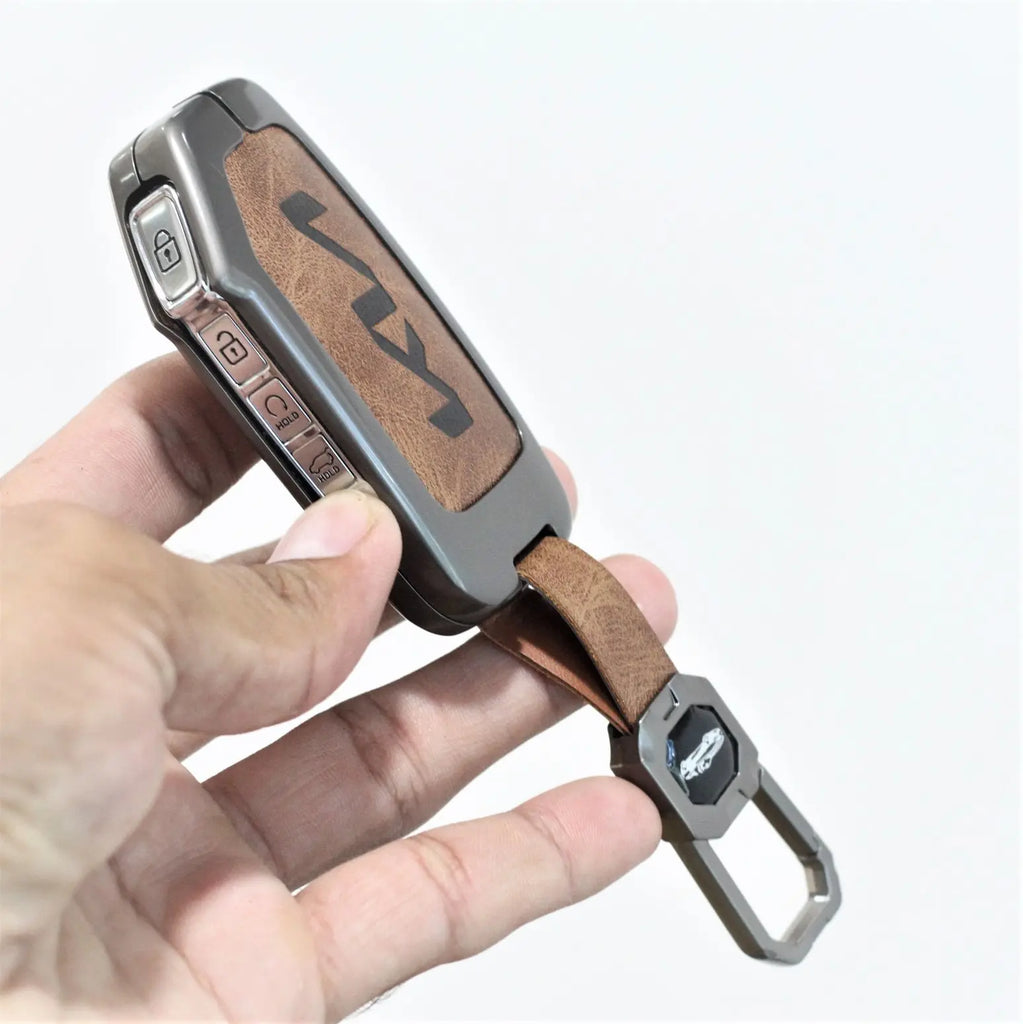 Metal Leather Car Key Cover Fit for New Kia Seltos 2023 Facelift | Carens X Line | Sonet Facelift (4 Button Smart Key)
