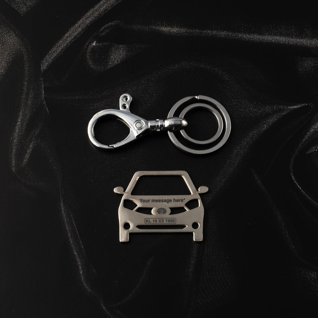 Tata Tiago Stainless Steel Customized Car Keychain with Custom Number Plate and Message