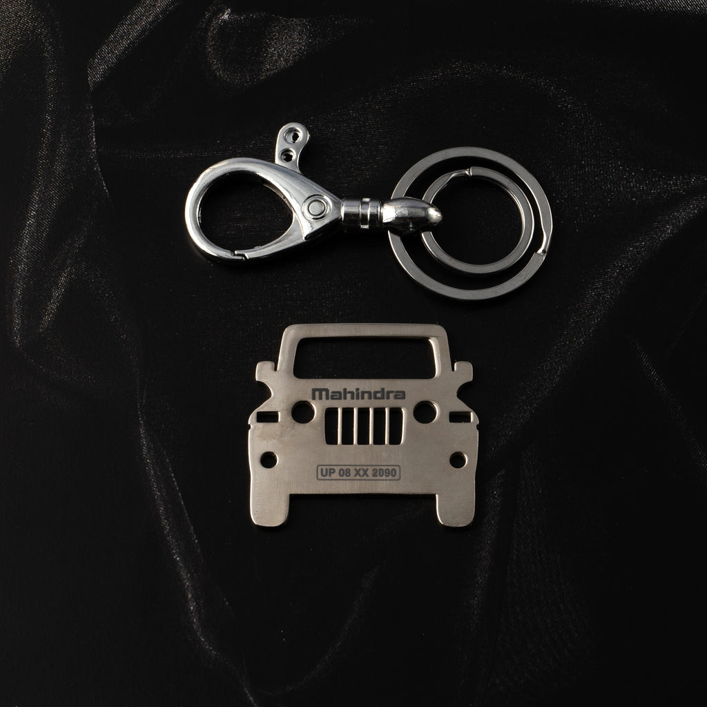 Mahindra Stainless Steel Customized Car Keychain with Custom Number Plate and Message