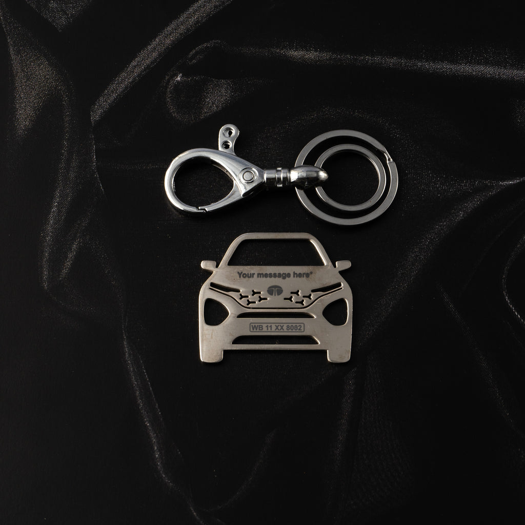 Tata New Safari Stainless Steel Customized Car Keychain with Custom Number Plate and Message