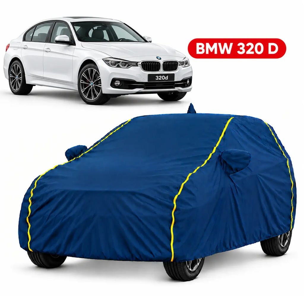 BMW 320D Car Body Cover | All Weather Resistant | Triple Stitched with Soft Cotton Lining | Side Mirror Pocket (Black and Red)