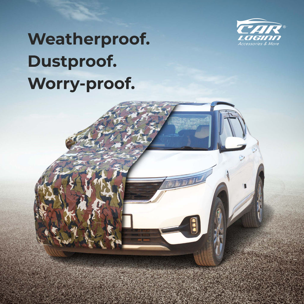 Carloginn 100% Waterproof Car Body Cover | All Weather Resistant | Triple Stitched with Soft Cotton Lining | Side Mirror Pocket (JUNGLE VALVET)