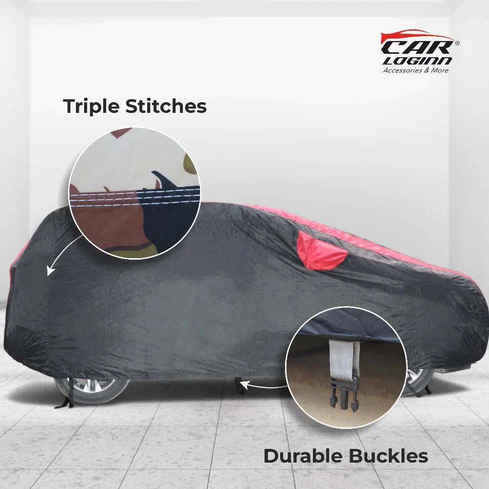 Ford Figo Aspire Car Body Cover | All Weather Resistant | Triple Stitched with Soft Cotton Lining | Side Mirror Pocket (Black and Red)