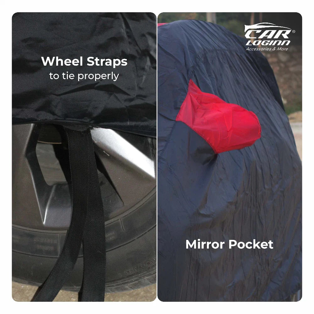 Ford Figo Aspire Car Body Cover | All Weather Resistant | Triple Stitched with Soft Cotton Lining | Side Mirror Pocket (Black and Red)