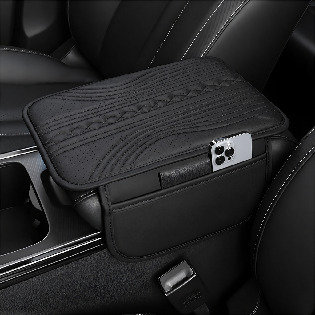 Premium PU Leather Car Armrest Cover Pad | Console Protector & Armrest Pad with Dual Phone Pockets | Universal Fit for Car, SUV