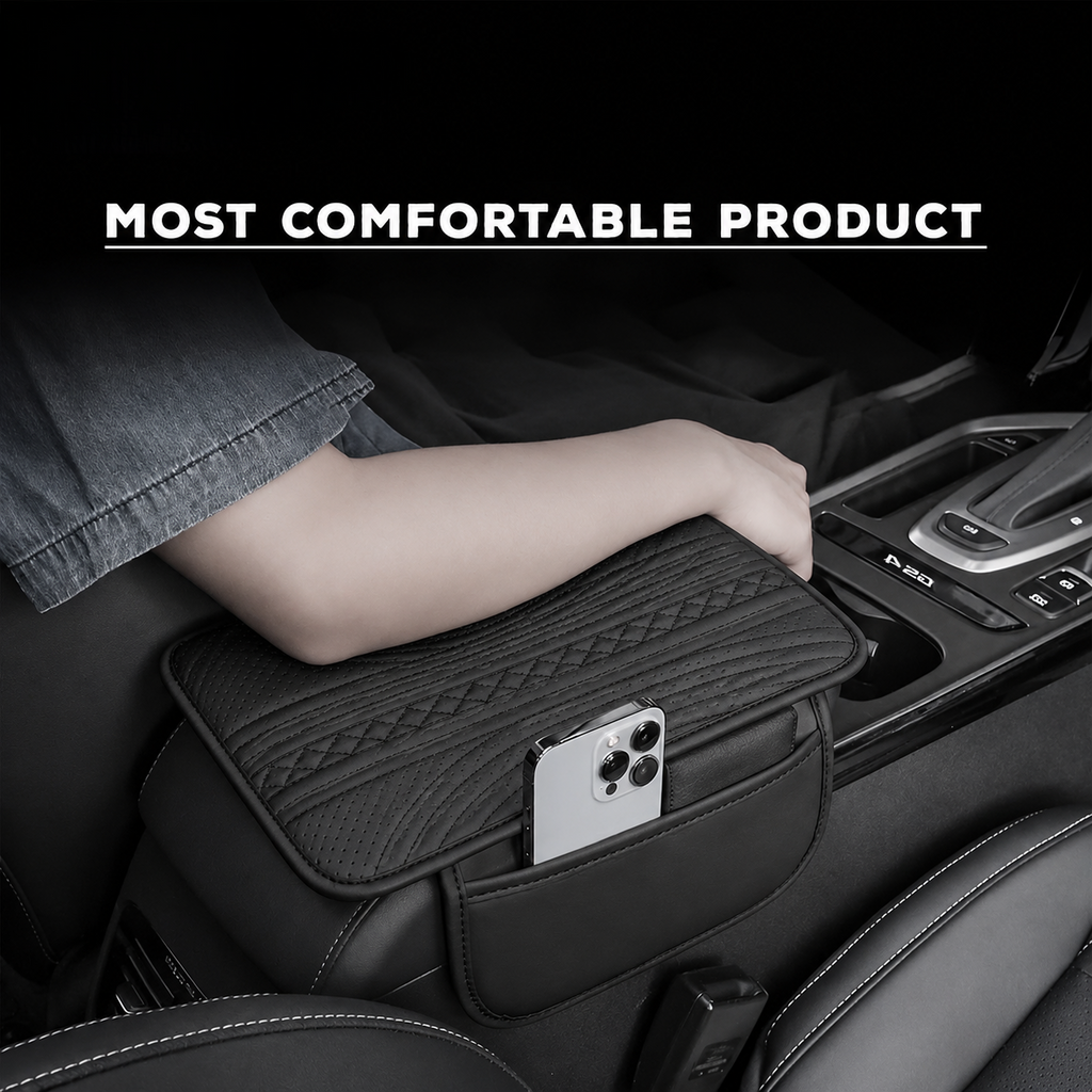 Premium PU Leather Car Armrest Cover Pad | Console Protector & Armrest Pad with Dual Phone Pockets | Universal Fit for Car, SUV