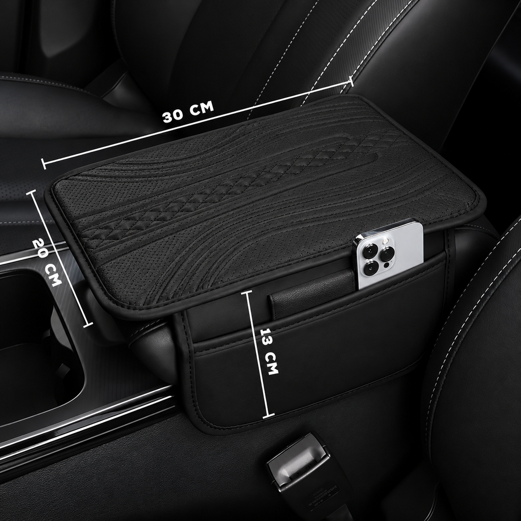 Premium PU Leather Car Armrest Cover Pad | Console Protector & Armrest Pad with Dual Phone Pockets | Universal Fit for Car, SUV