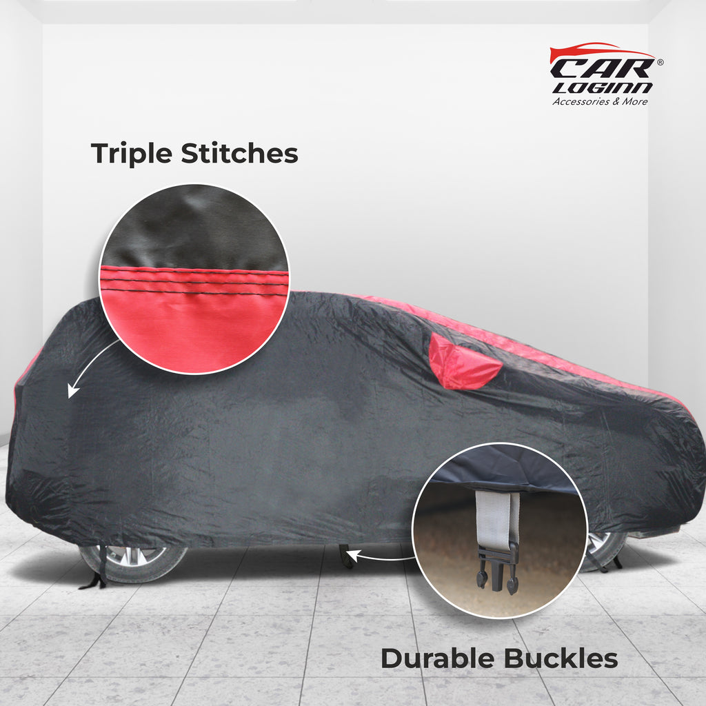 Audi Q-7 Car Body Cover | All Weather Resistant | Triple Stitched with Soft Cotton Lining | Side Mirror Pocket (Black and Red)