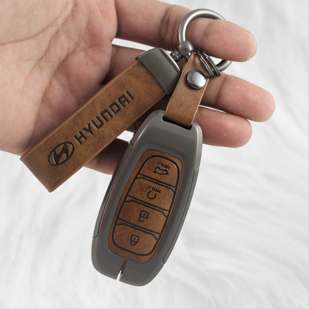 Metal Leather Key Case for Hyundai New Verna Facelift 2023 (4 Button Smart Key)