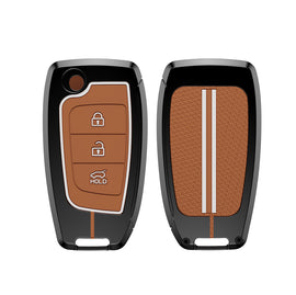 Carloginn Luxury Zinc Alloy Metal Soft Silicon Key Case for Hyundai New i20 | Verna 2020-21 | Old Verna Flip Key - TAN COLOR