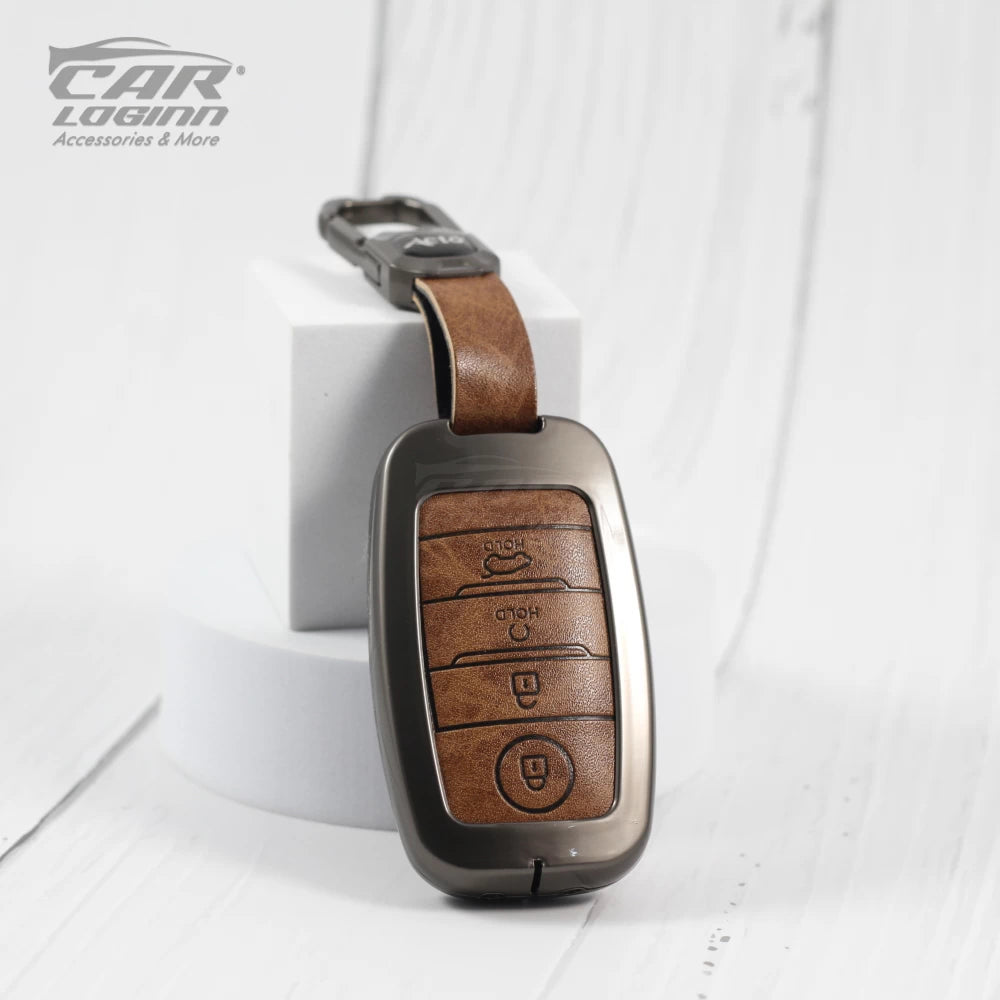 Metal Leather Alloy Car Key Case for KIA 4 Button Smart Key (TAN)