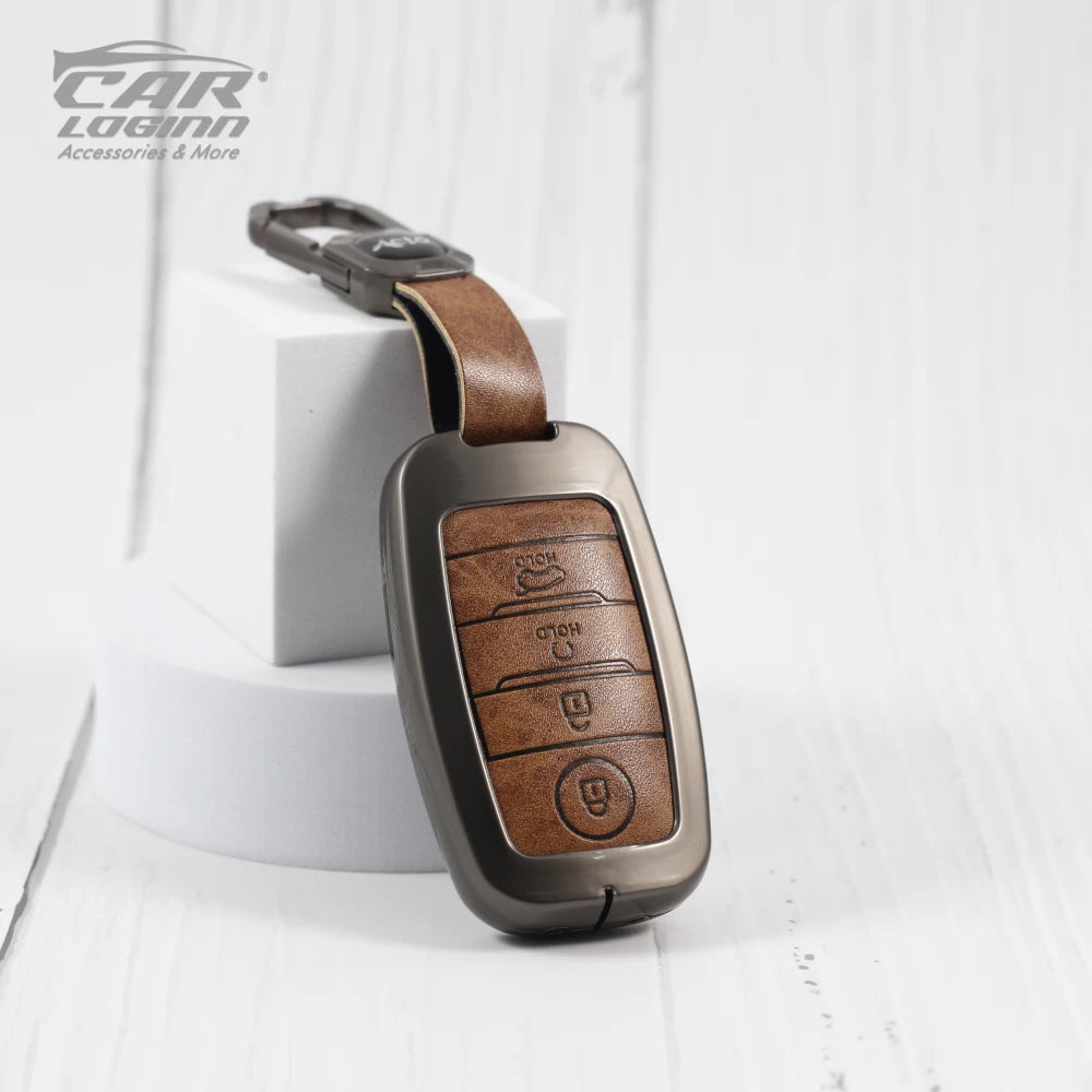 Metal Leather Alloy Car Key Case for KIA 4 Button Smart Key (TAN)