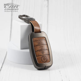 Metal Leather Alloy Car Key Case for KIA Carens | Carnival | Seltos | Sonet Smart Key (4 Button Smart Key) (TAN)