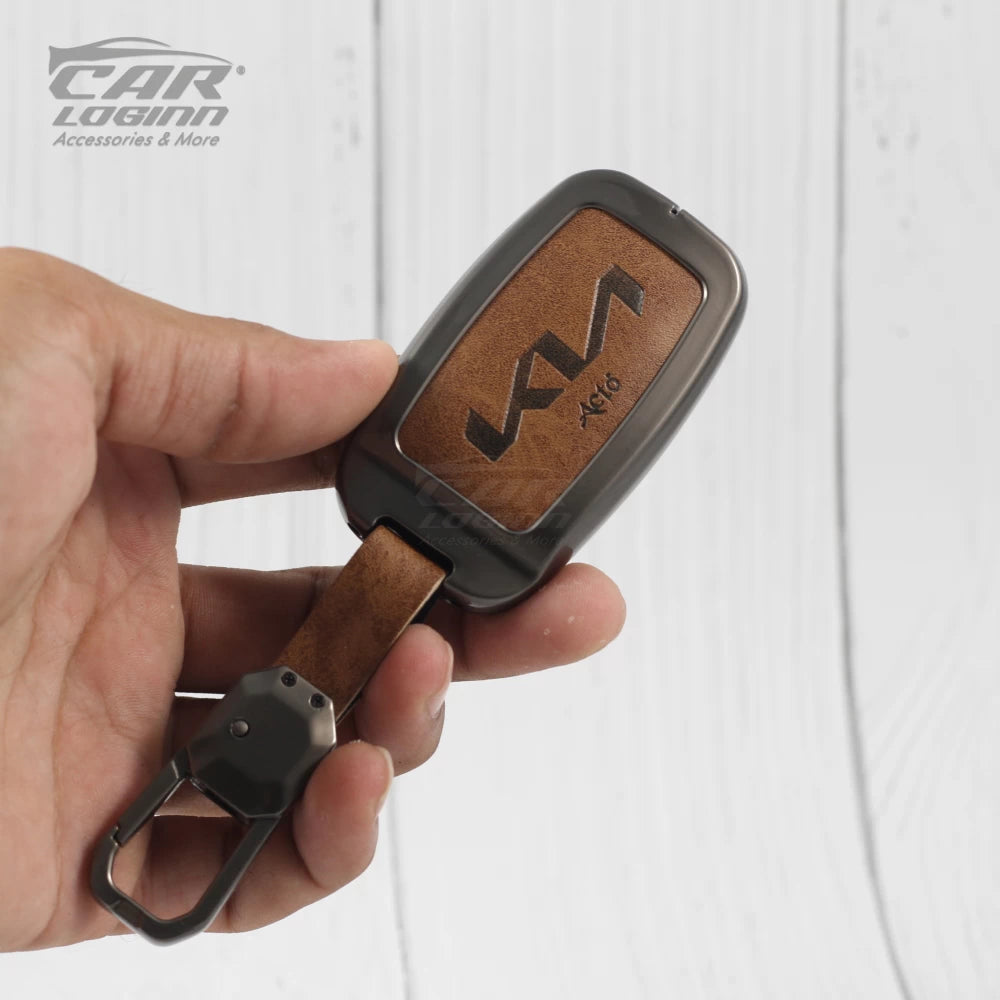 Metal Leather Alloy Car Key Case for KIA 4 Button Smart Key (TAN)