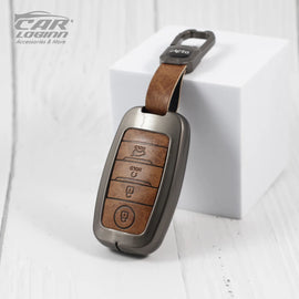 Metal Leather Alloy Car Key Case for KIA Carens | Carnival | Seltos | Sonet Smart Key (4 Button Smart Key) (TAN)