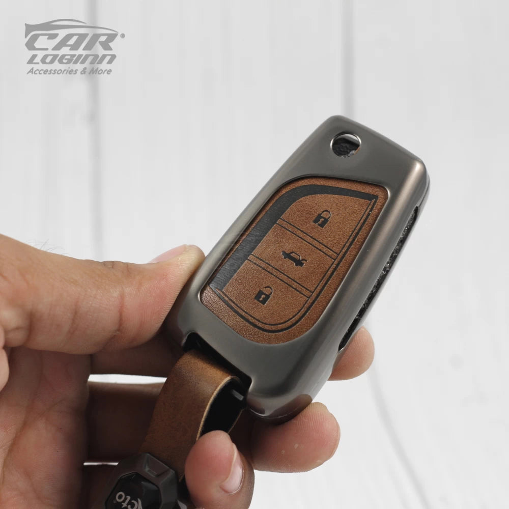 Metal Leather Car Key Case Fit for Toyota Innova Crysta | Corolla Altis Flip Key (TAN)