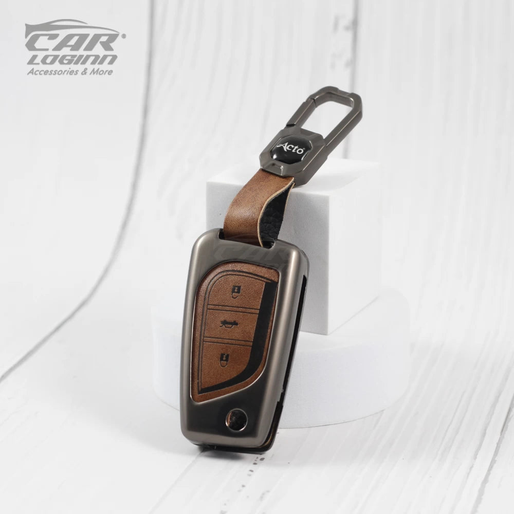 Metal Leather Car Key Case Fit for Toyota Innova Crysta | Corolla Altis Flip Key (TAN)