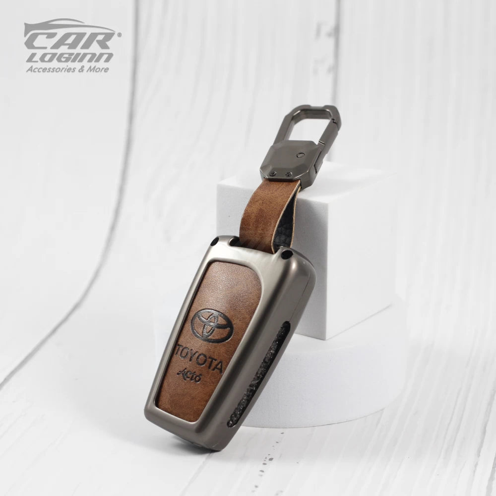 Metal Leather Car Key Case Fit for Toyota Innova Crysta | Corolla Altis Flip Key (TAN)