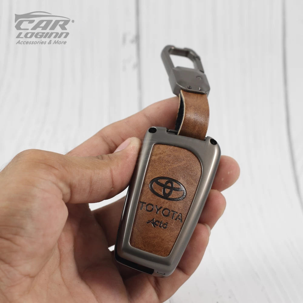 Metal Leather Car Key Case Fit for Toyota Innova Crysta | Corolla Altis Flip Key (TAN)