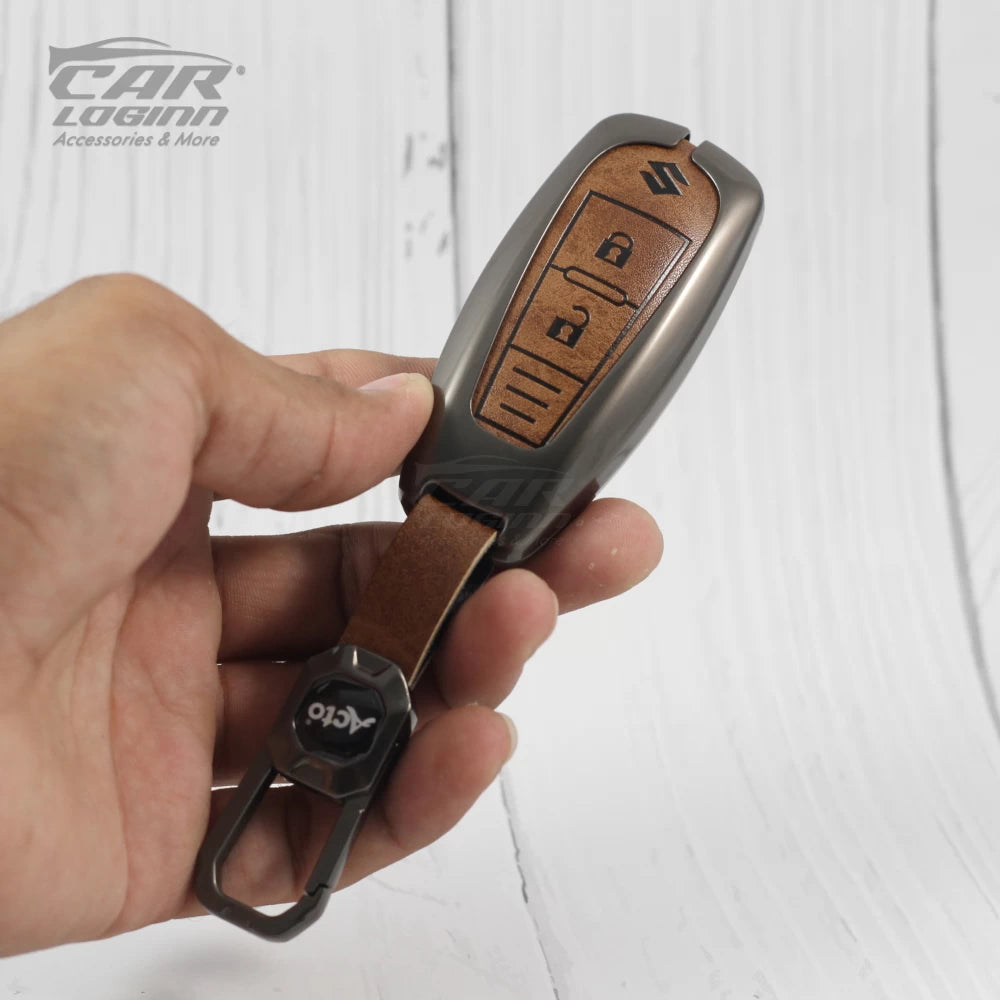 Metal Leather Key case for Maruti Suzuki Baleno | Vitara Brezza | S-Cross | Ciaz - (2 Button)