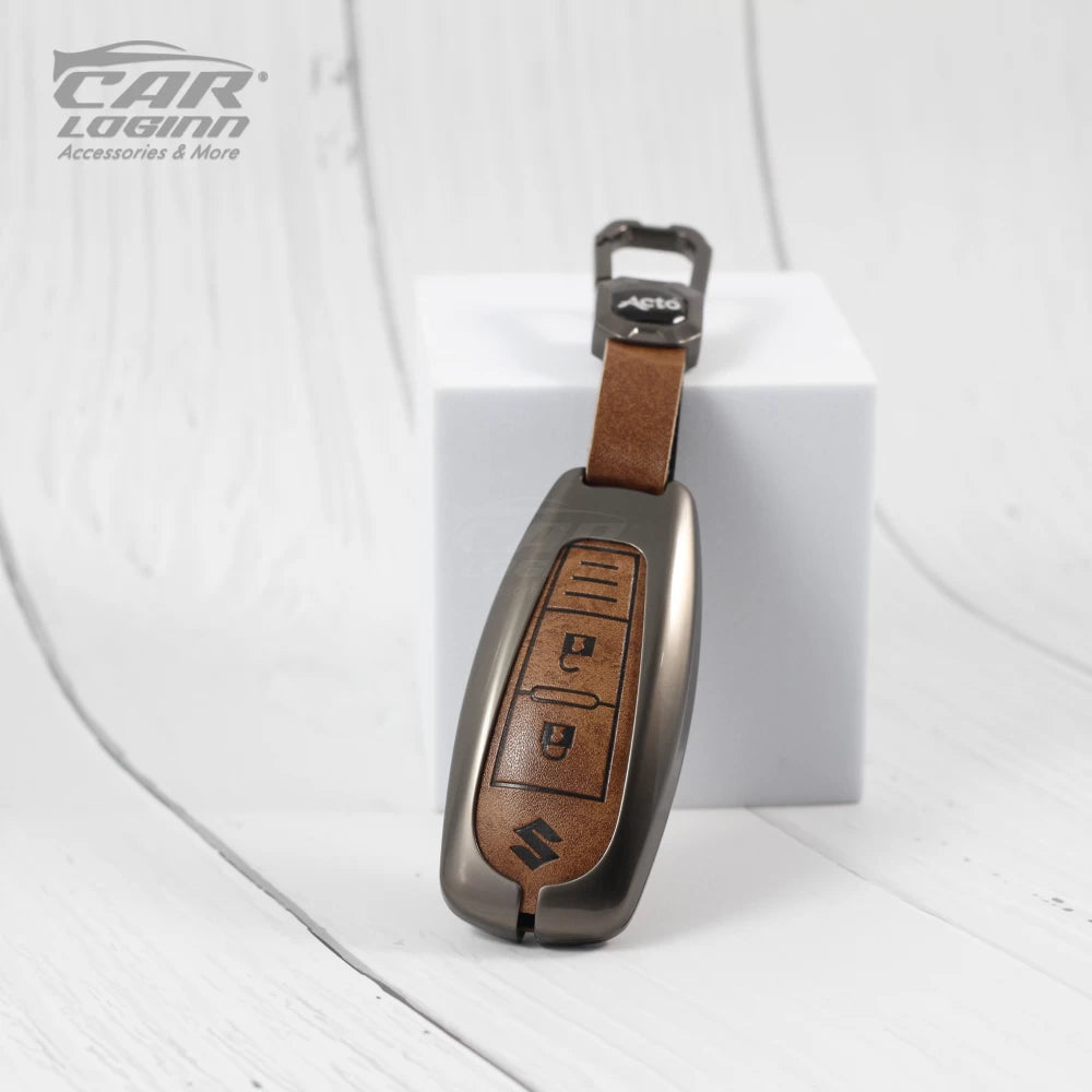 Metal Leather Car Key case for MARUTI SUZUKI 2 Button Smart Key (TAN)