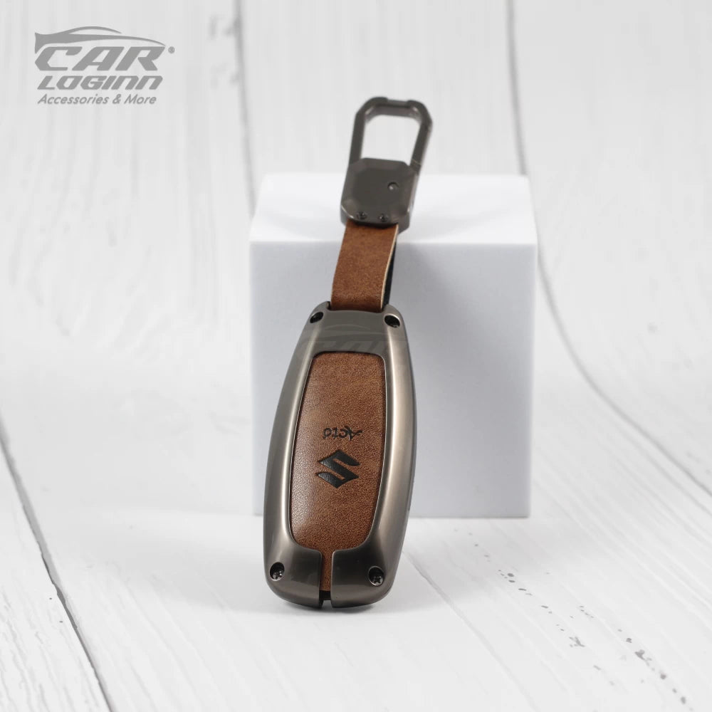 Metal Leather Car Key case for MARUTI SUZUKI 2 Button Smart Key (TAN)