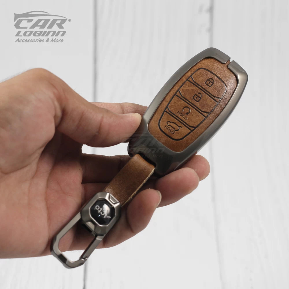 Metal Leather Key Case for Hyundai New Verna Facelift 2023 (4 Button Smart Key) (TAN)