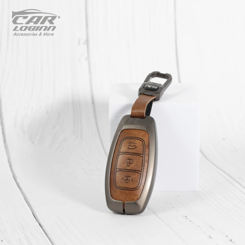 Metal Leather Key Case for Hyundai 3 Button Smart Key (TAN)