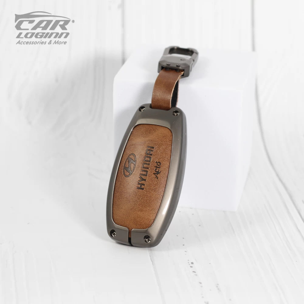 Metal Leather Key Case for Hyundai 3 Button Smart Key (TAN)