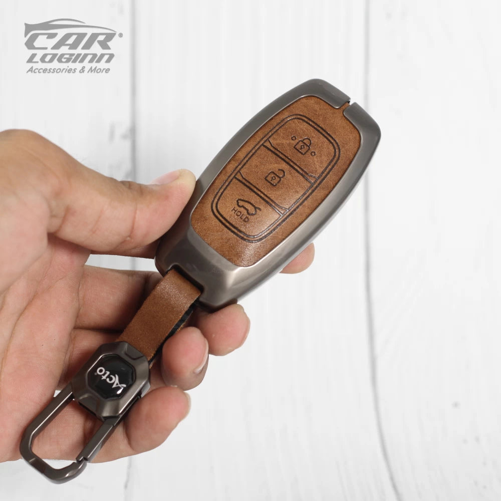 Metal Leather Key Case for Hyundai 3 Button Smart Key (TAN)