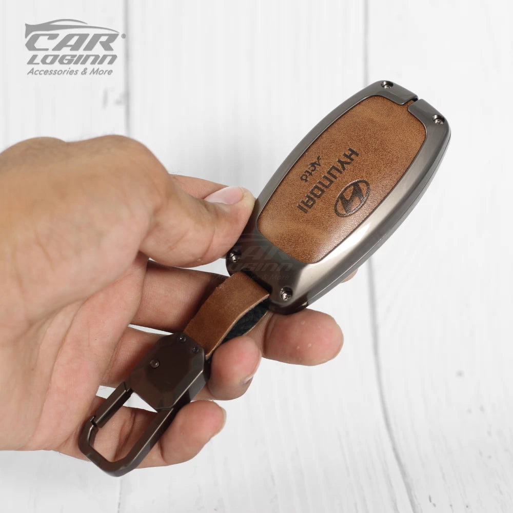 Metal Leather Key Case for Hyundai 3 Button Smart Key (TAN)