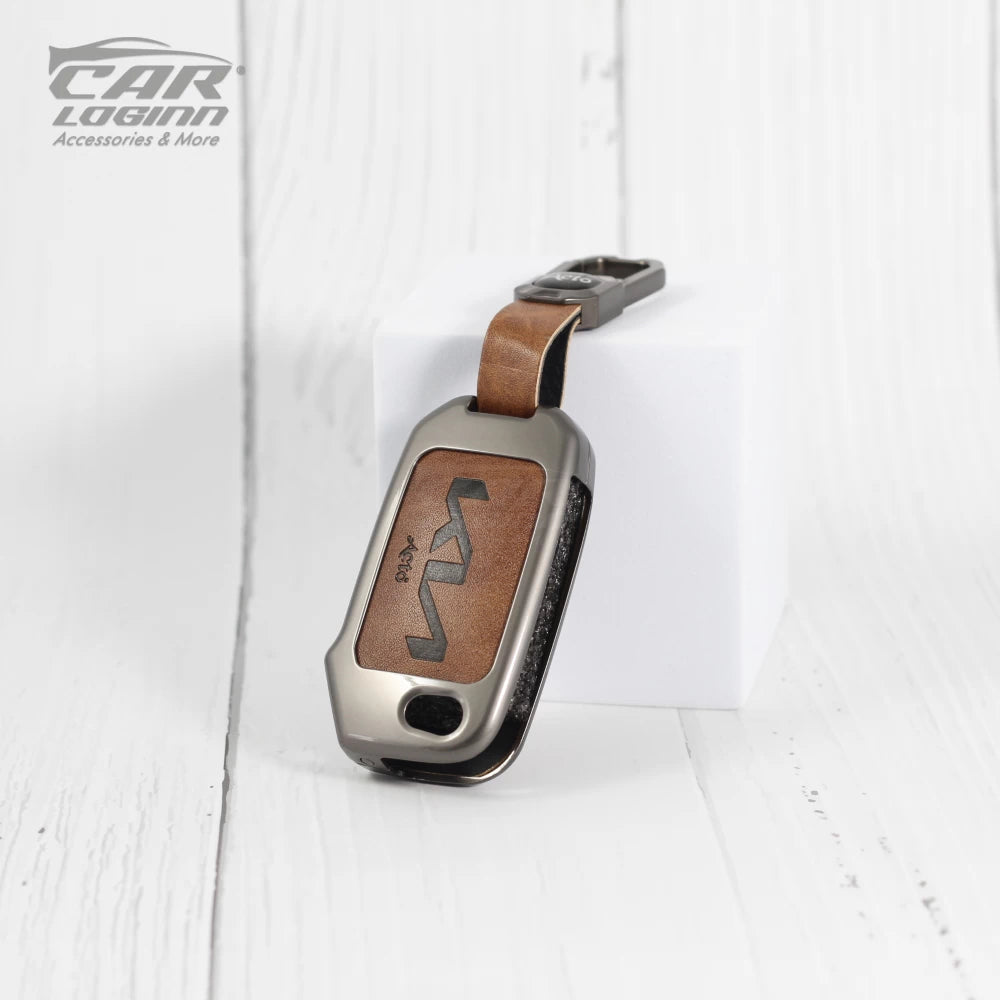 Metal Leather Key case for New Kia 2023 Facelift 3 Button Flip Key (TAN)