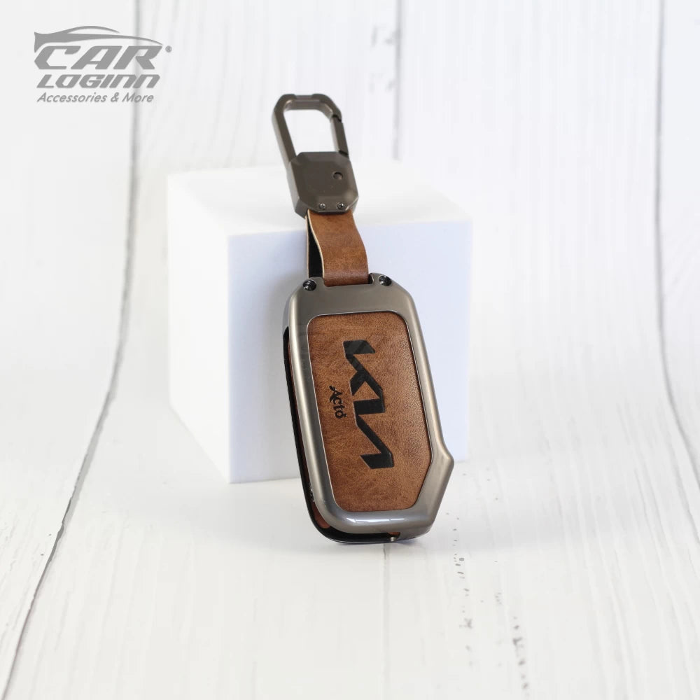 Metal Leather Key case for New Kia 2023 Facelift 3 Button Flip Key (TAN)