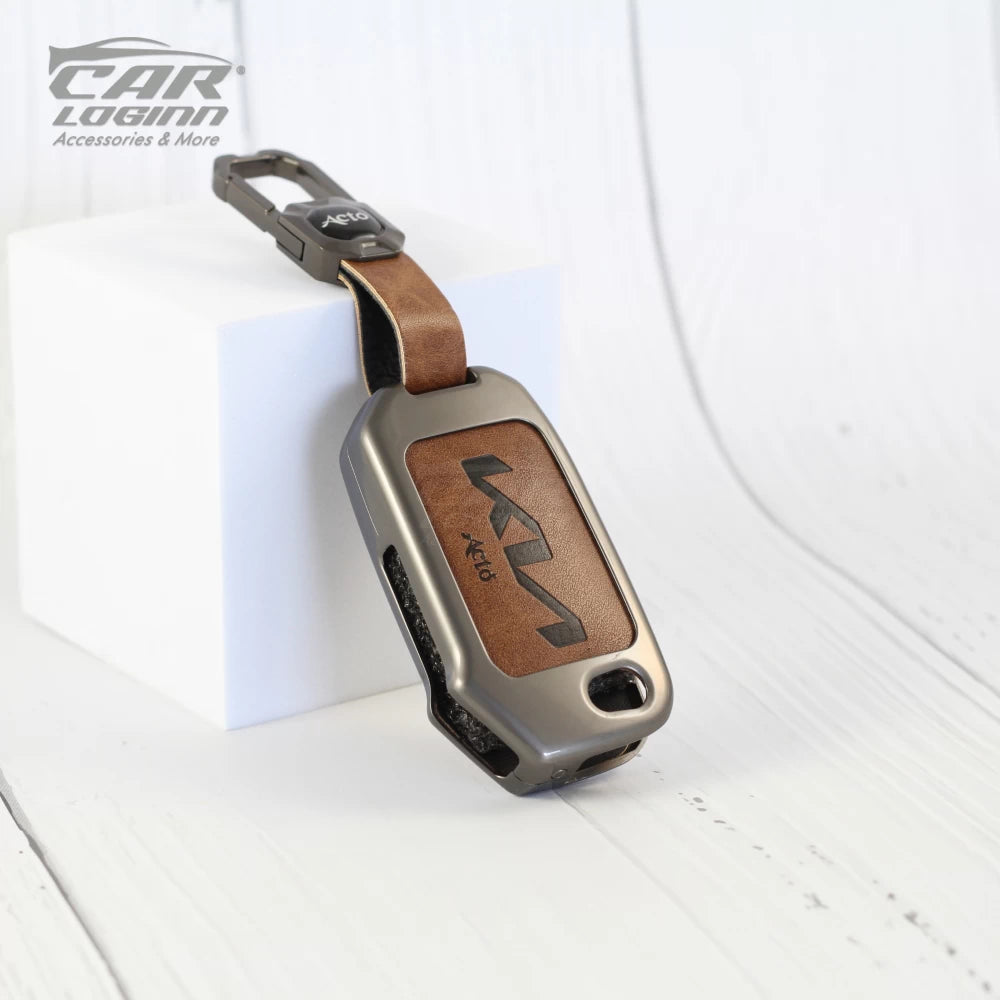 Metal Leather Key case for New Kia 2023 Facelift 3 Button Flip Key (TAN)