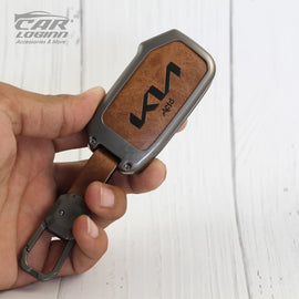 Metal Leather Key case for New Kia Seltos 2023 Facelift | Carens X Line | Sonet Facelift - 3 Button Flip Key (TAN)