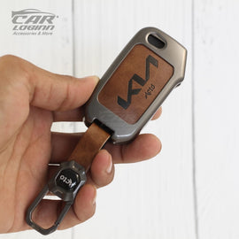 Metal Leather Key case for New Kia Seltos 2023 Facelift | Carens X Line | Sonet Facelift - 3 Button Flip Key (TAN)