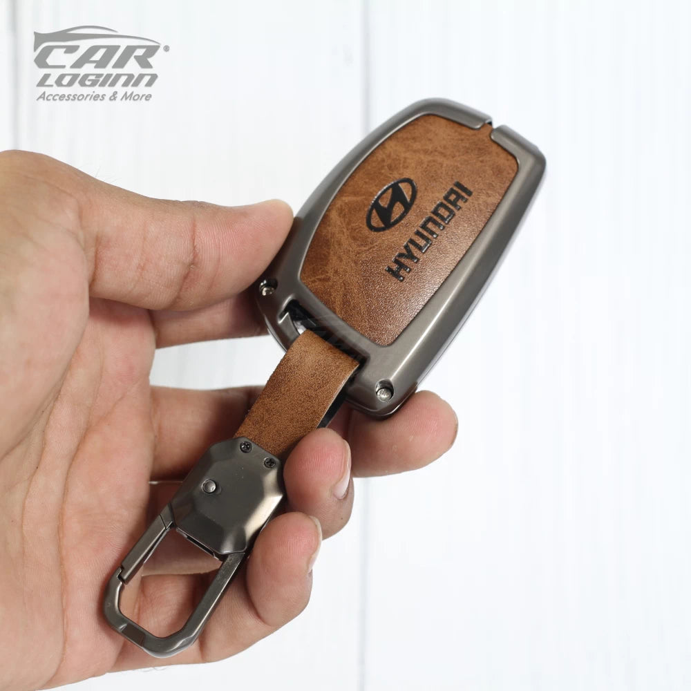 Metal Leather Key Case for New Hyundai Alcazar | Creta Facelift | New Creta SX | Venue SX (4 Button)