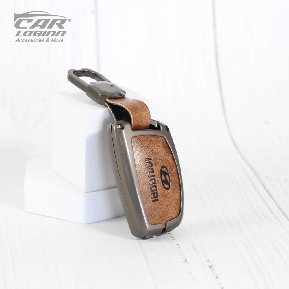 Metal Leather Key Case for New Hyundai Alcazar | Creta Facelift | New Creta SX | Venue SX (4 Button)