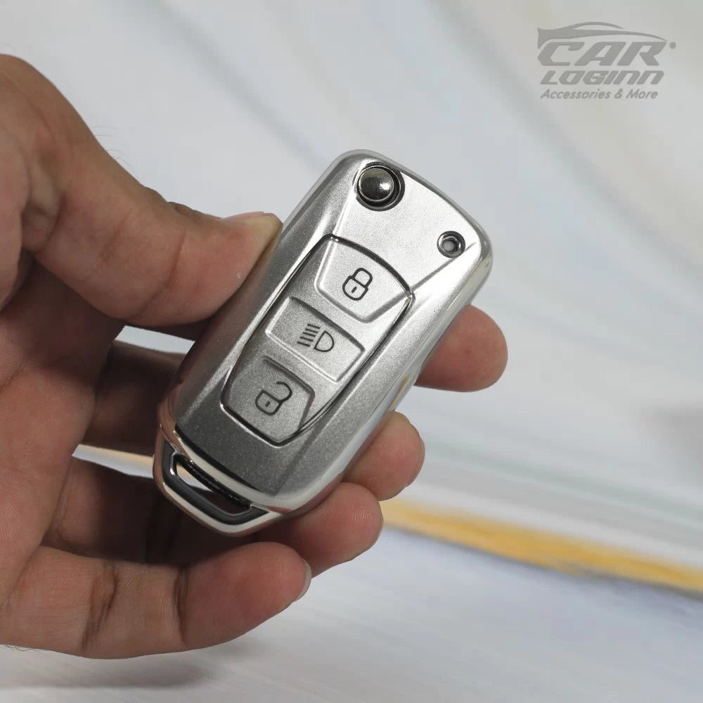 SILVER TPU Car Key Cover Fit for Tata 3 Button Flip Key